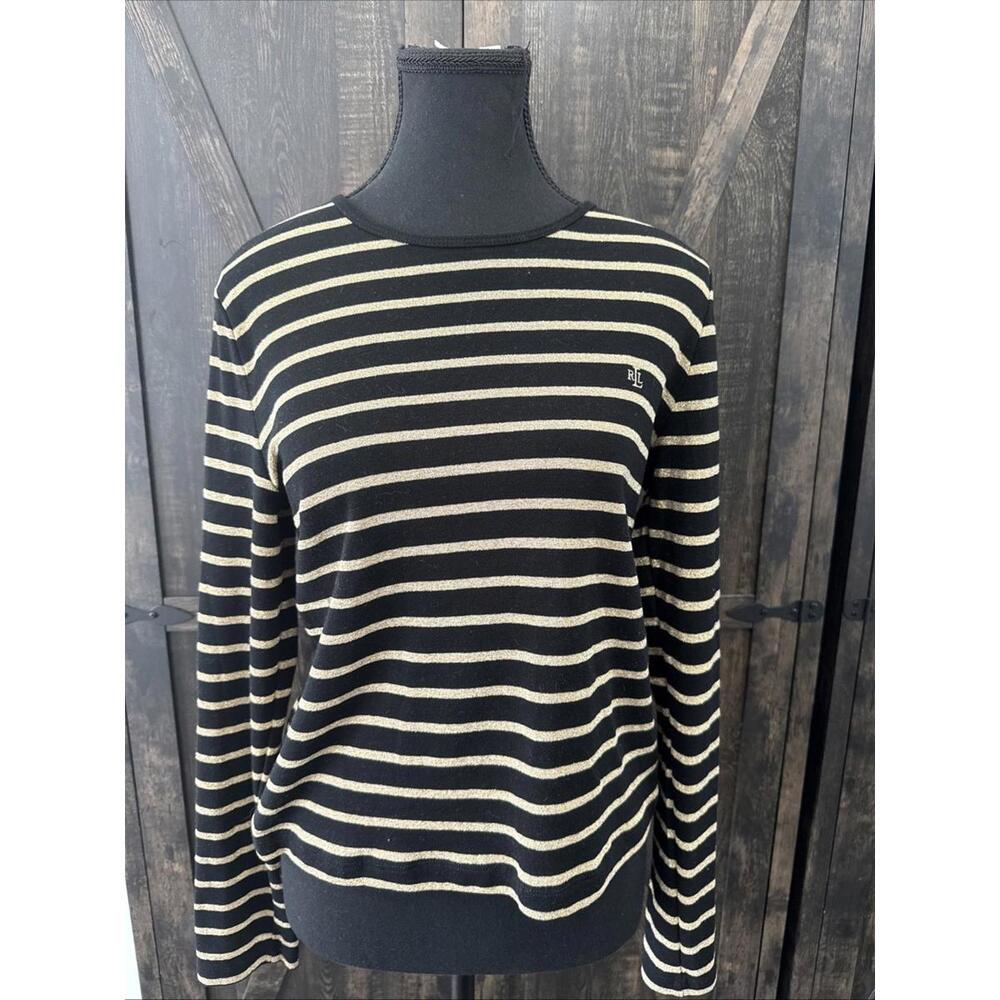 Lauren Ralph Lauren Womens Black and Gold Striped Long Sleeve Shirt, PM